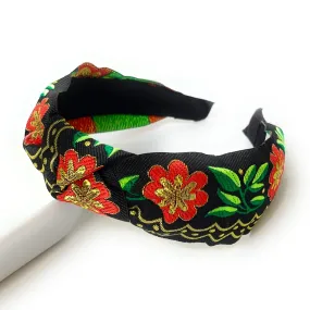 Floral Embroidered Knot Headband (Black Orange)