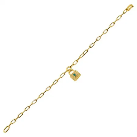 Gemstone Center and Diamonds Lock Charm on Paperclip Bracelet