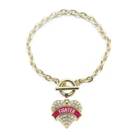 Gold Burgundy Fighter Pave Heart Charm Toggle Bracelet