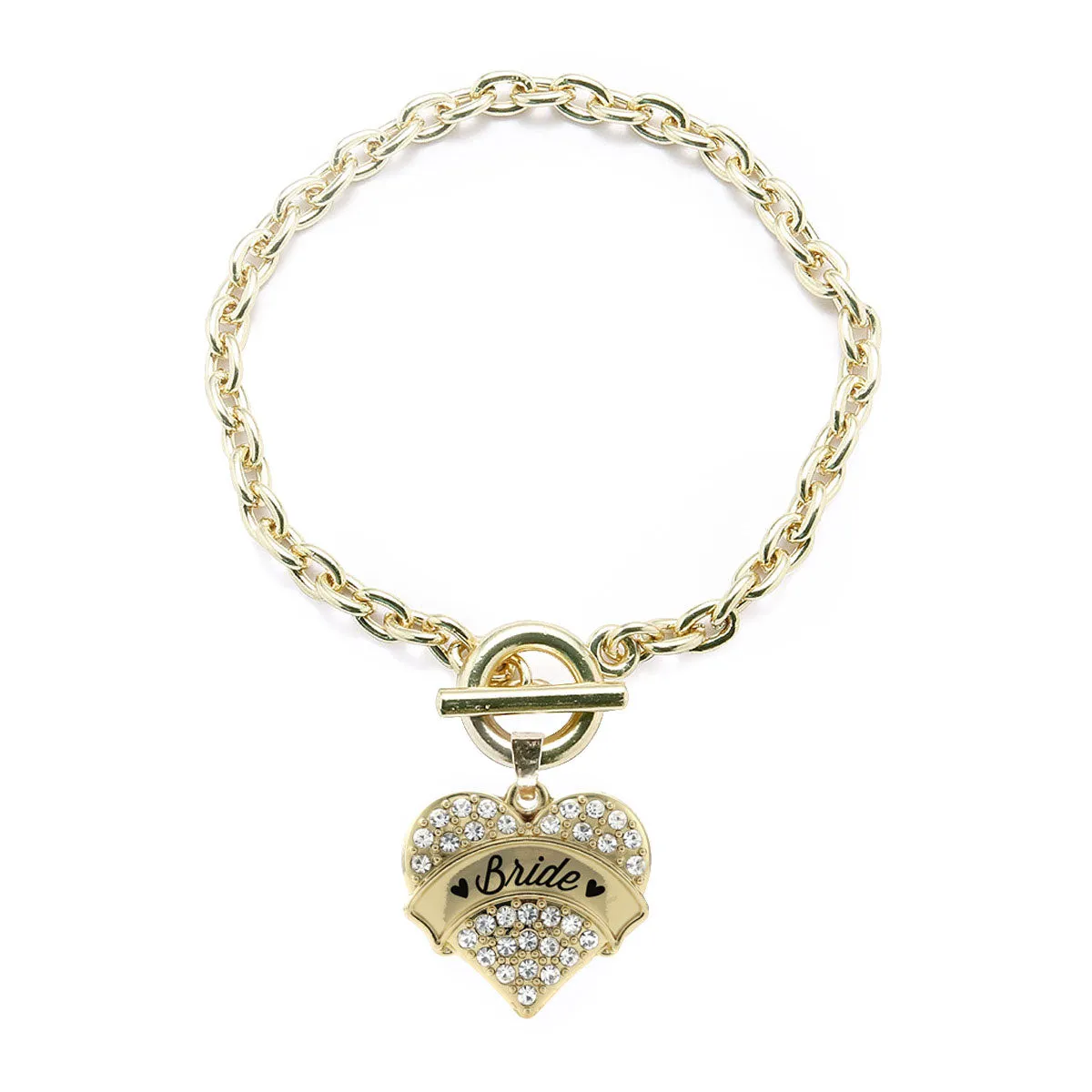 Gold Clear Bride Pave Heart Charm Toggle Bracelet