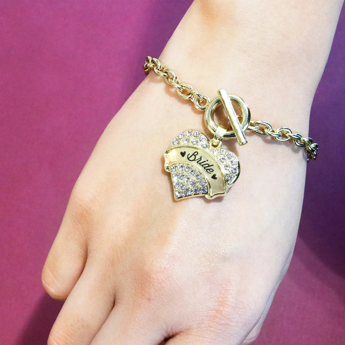 Gold Clear Bride Pave Heart Charm Toggle Bracelet