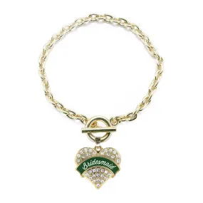 Gold Forest Green Bridesmaid Pave Heart Charm Toggle Bracelet