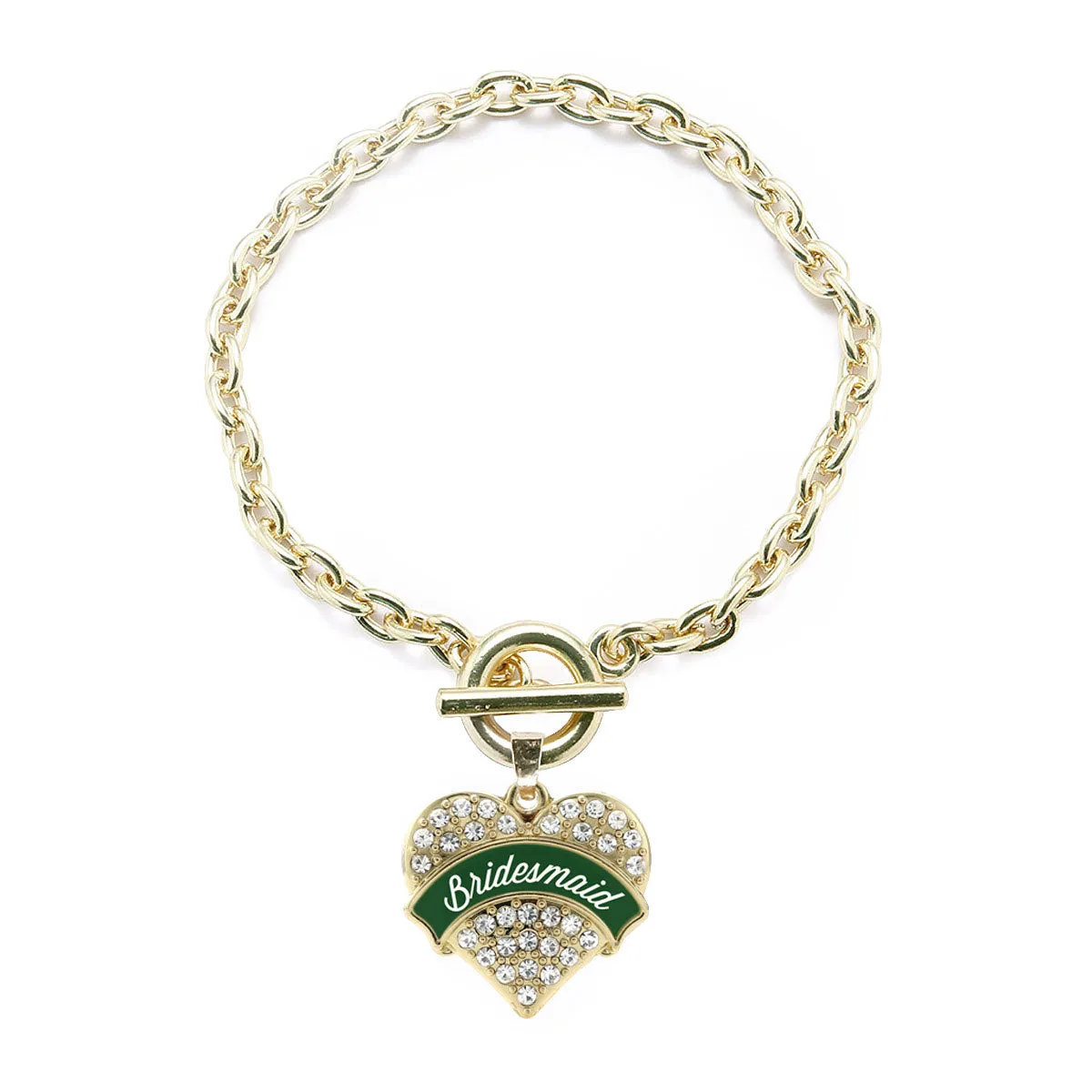 Gold Forest Green Bridesmaid Pave Heart Charm Toggle Bracelet