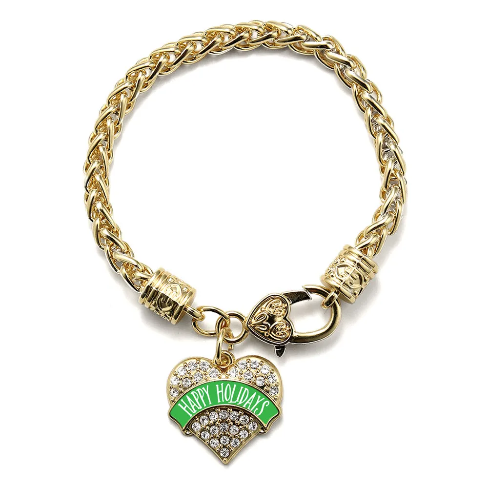 Gold Green Banner Happy Holidays Pave Heart Charm Braided Bracelet