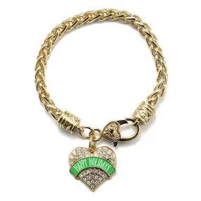 Gold Green Banner Happy Holidays Pave Heart Charm Braided Bracelet