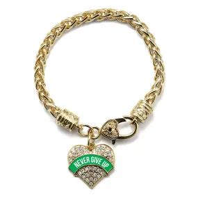 Gold Green Banner Never Give up Pave Heart Charm Braided Bracelet