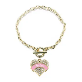 Gold Light Pink Sister Pave Heart Charm Toggle Bracelet