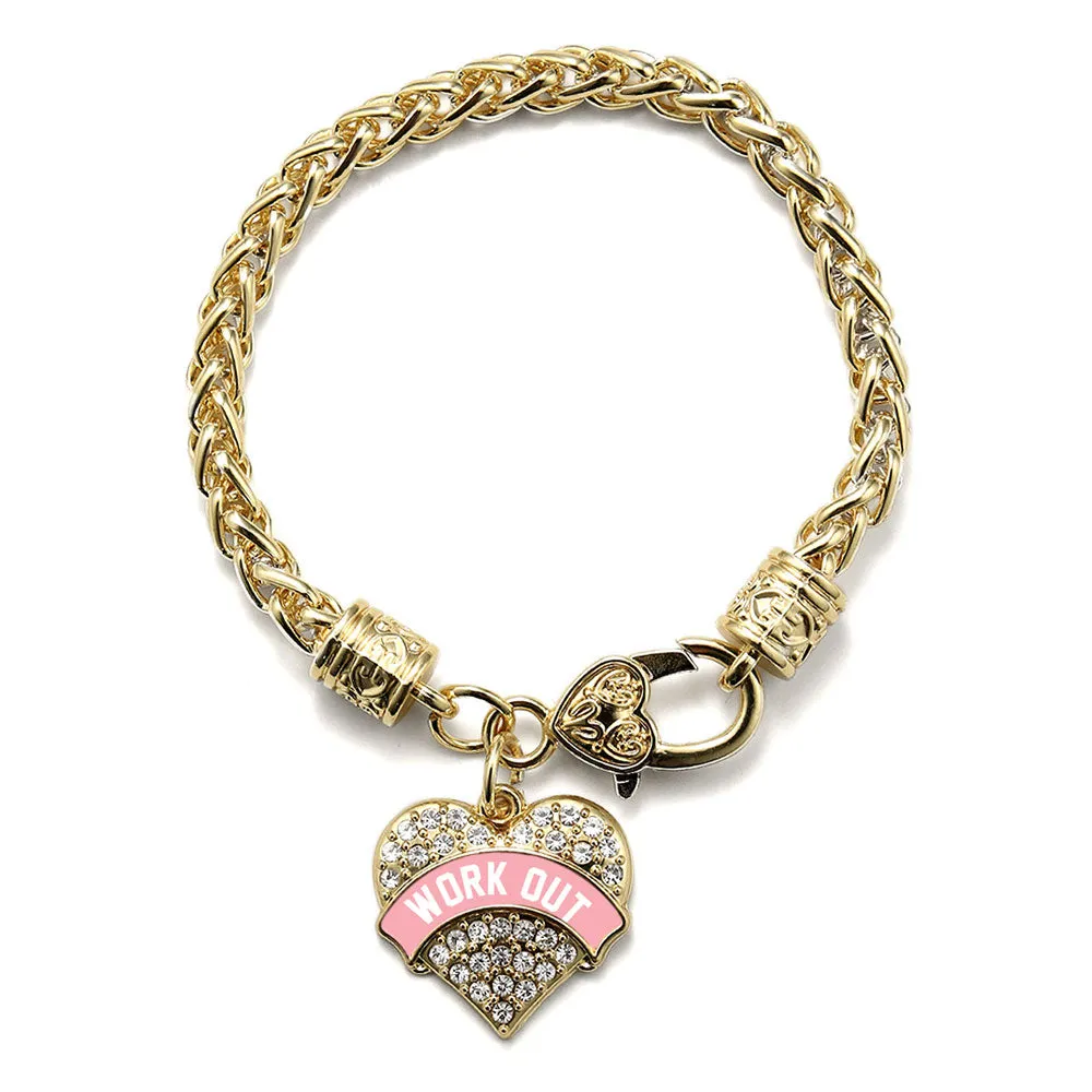 Gold Light Pink Work Out Pave Heart Charm Braided Bracelet