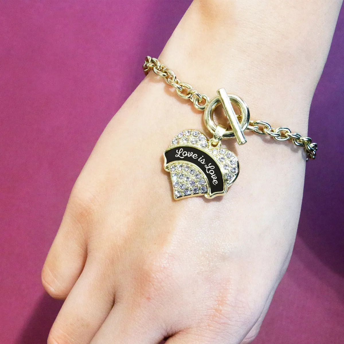 Gold Love is Love Pave Heart Charm Toggle Bracelet