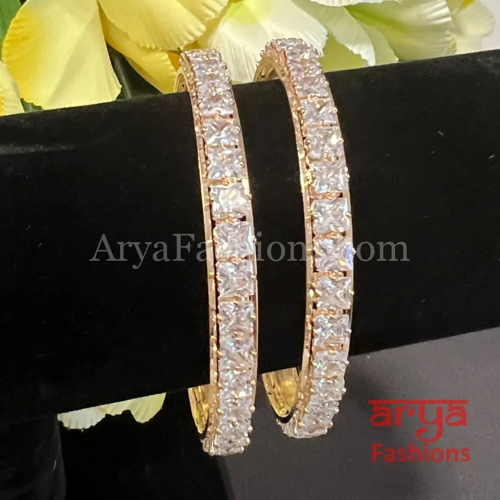 Golden Square CZ Stone Bangles, Pair of 2