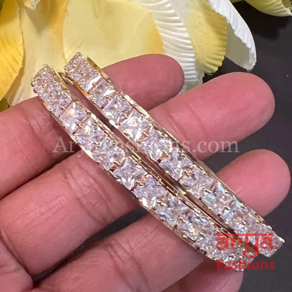 Golden Square CZ Stone Bangles, Pair of 2