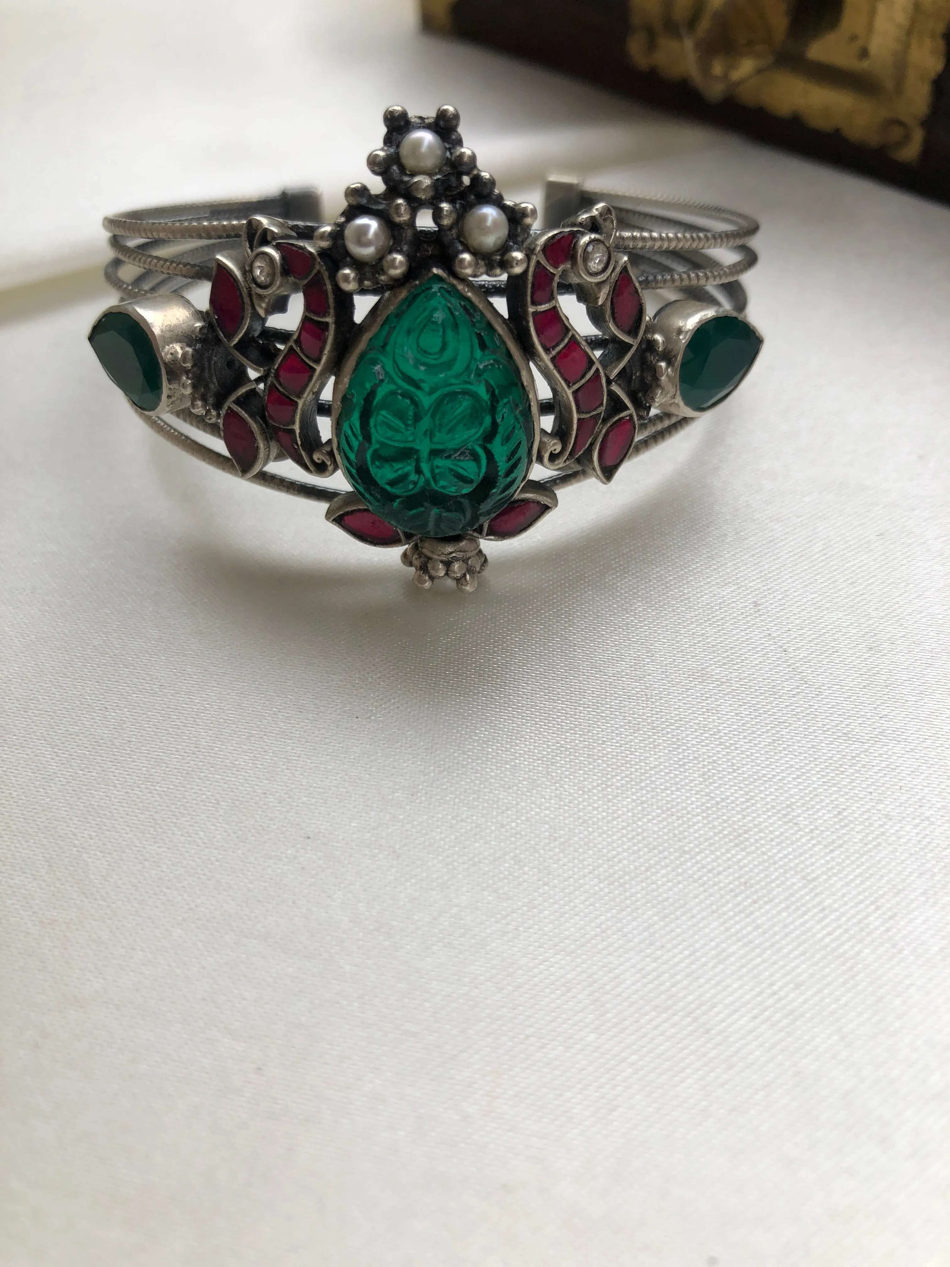 Green & kundan ruby silver cuff bracelet