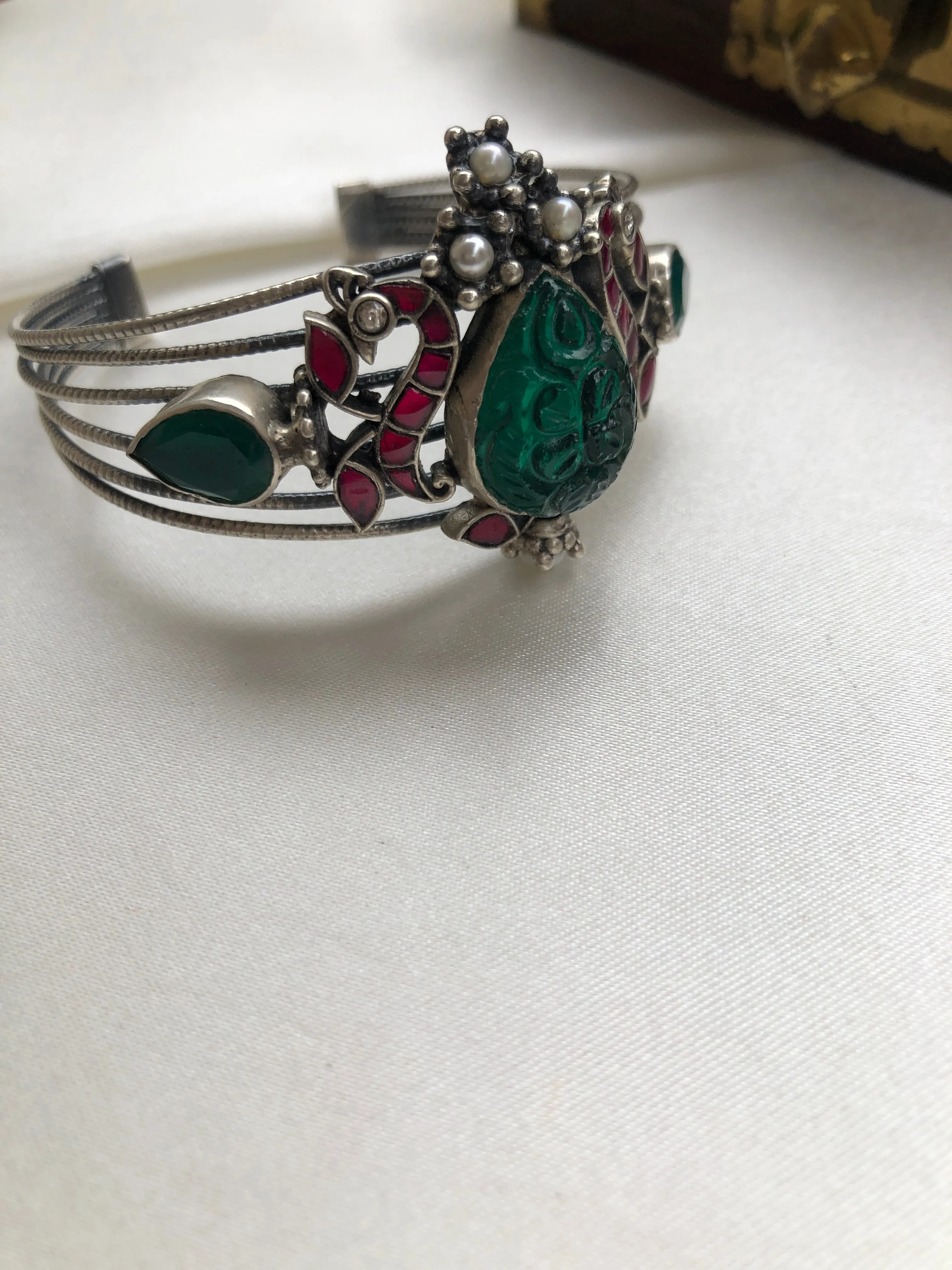 Green & kundan ruby silver cuff bracelet