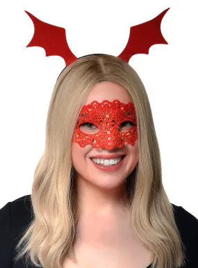 Halloween Red Lace Masquerade Mask and Bat Wing Headband Accessory Set