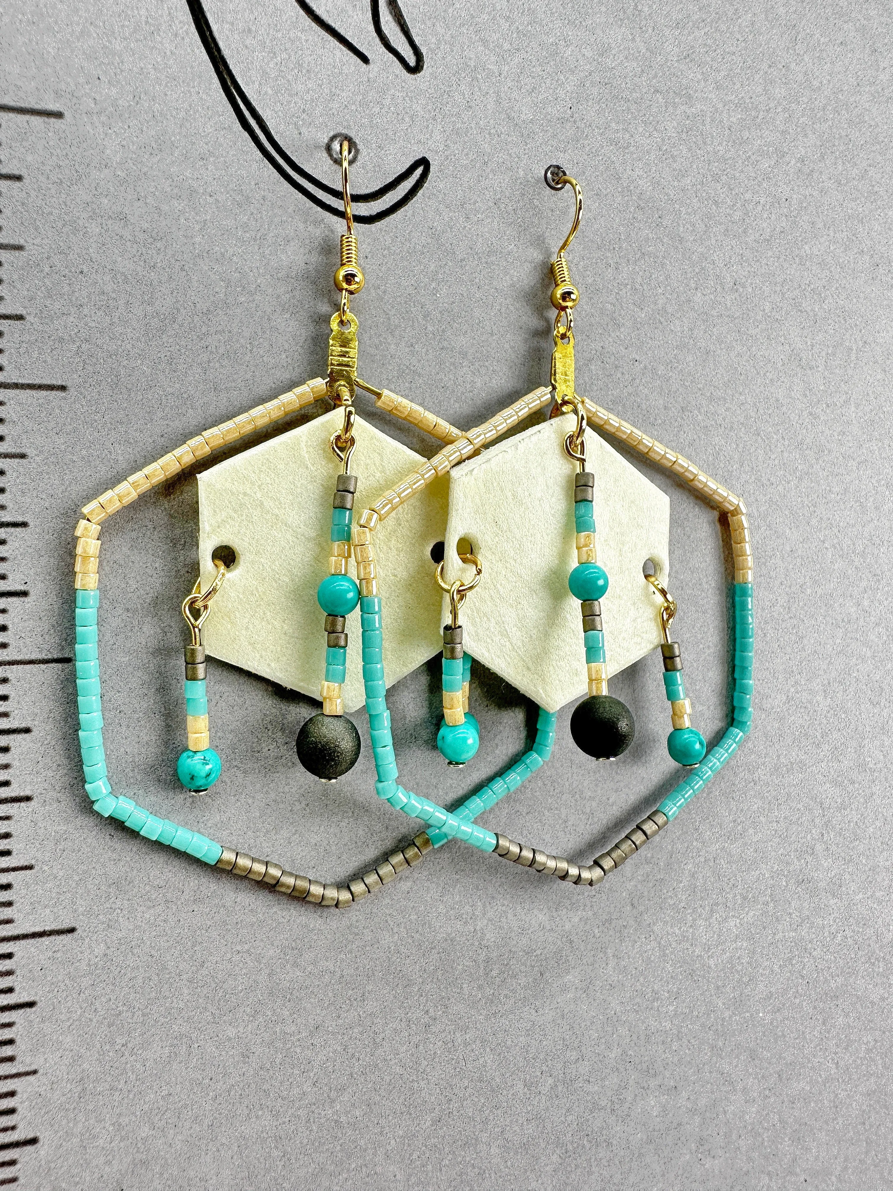 Indigenous Handcrafted Earrings - Rawhide series w/ Turquoise & Black Agate