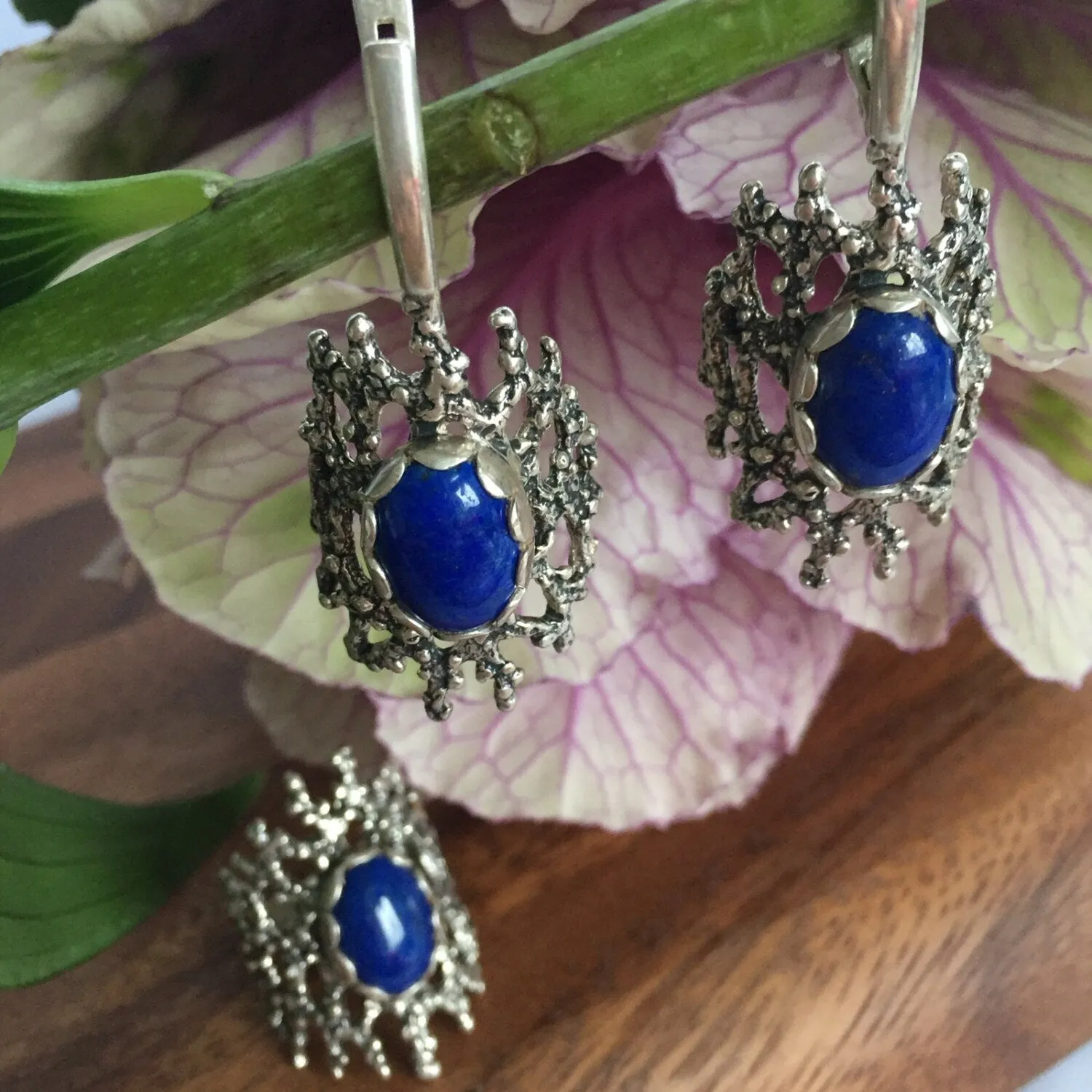 Lapis Lazuli Earrings - Blue Heavy Earrings - Long Silver Earrings