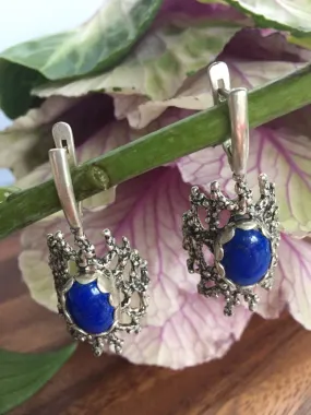 Lapis Lazuli Earrings - Blue Heavy Earrings - Long Silver Earrings