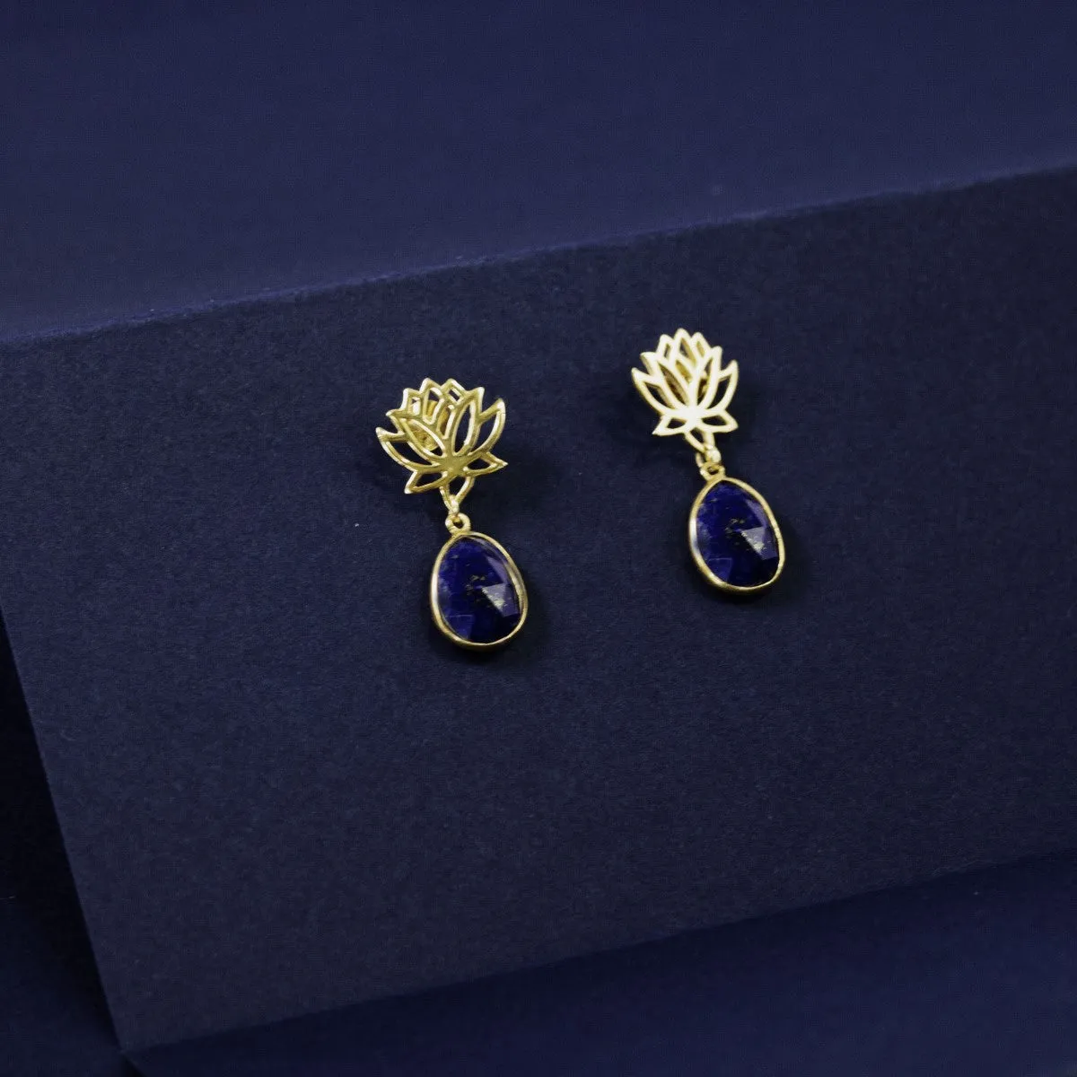 Lotus Earrings in Gold Plated Sterling Silver with a Lapis Lazuli Gemstone Drop