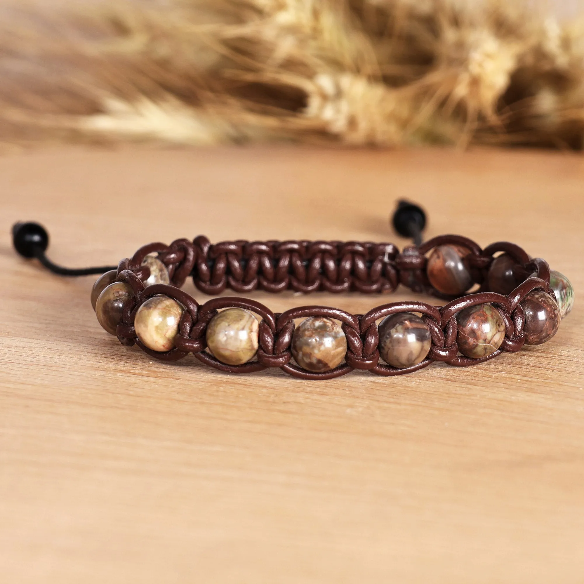 Men's Adjustable Leather and Agate Beaded Bracelet - Mystic Hero | NOVICA