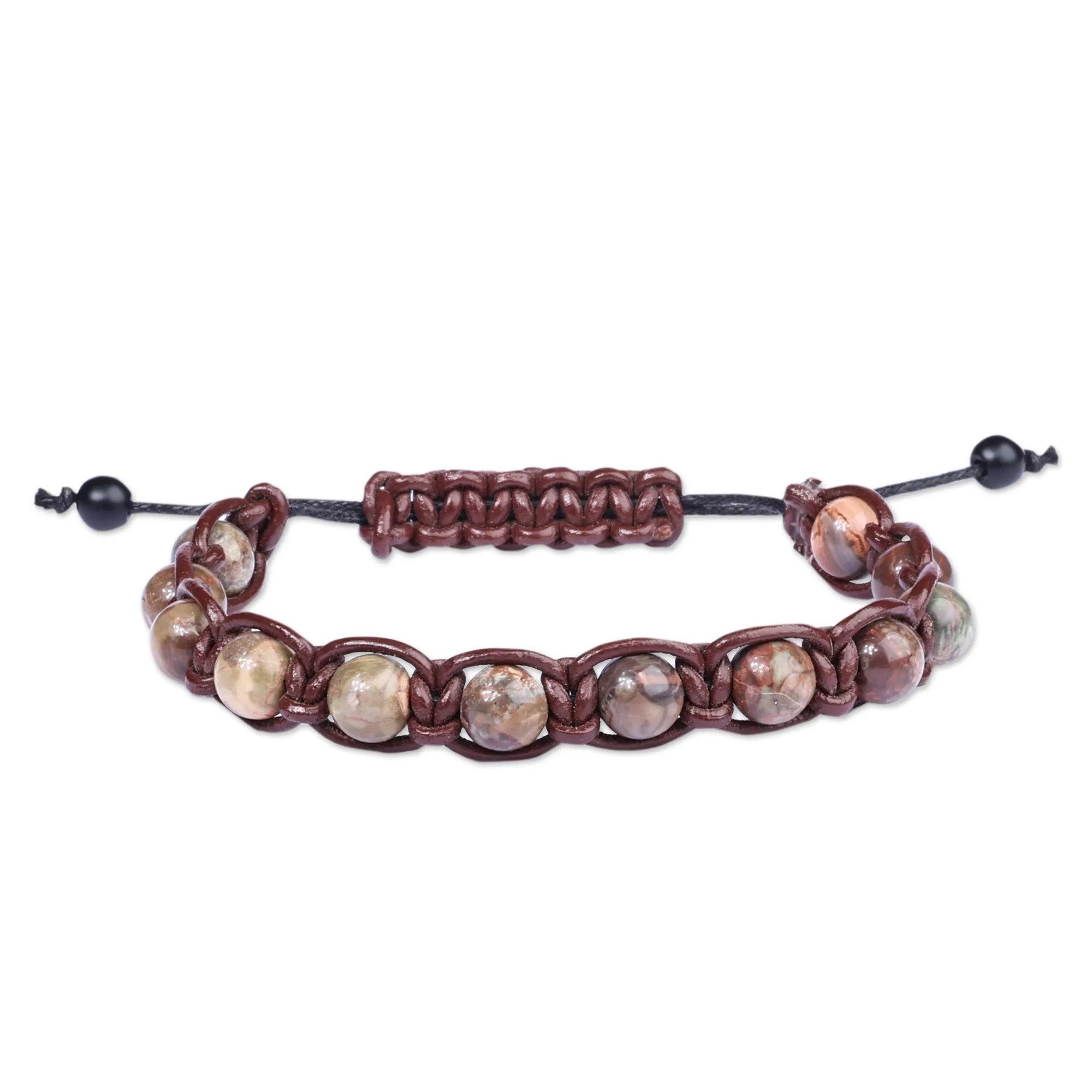 Men's Adjustable Leather and Agate Beaded Bracelet - Mystic Hero | NOVICA