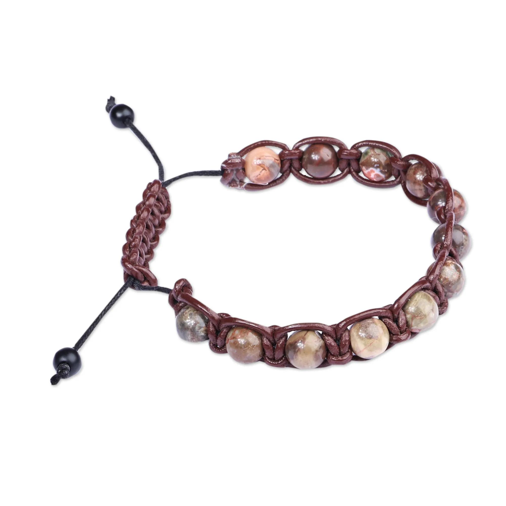 Men's Adjustable Leather and Agate Beaded Bracelet - Mystic Hero | NOVICA