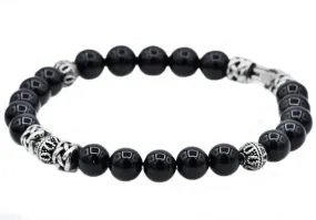 Mens Genuine Onyx Stainless Steel Beaded Bracelet