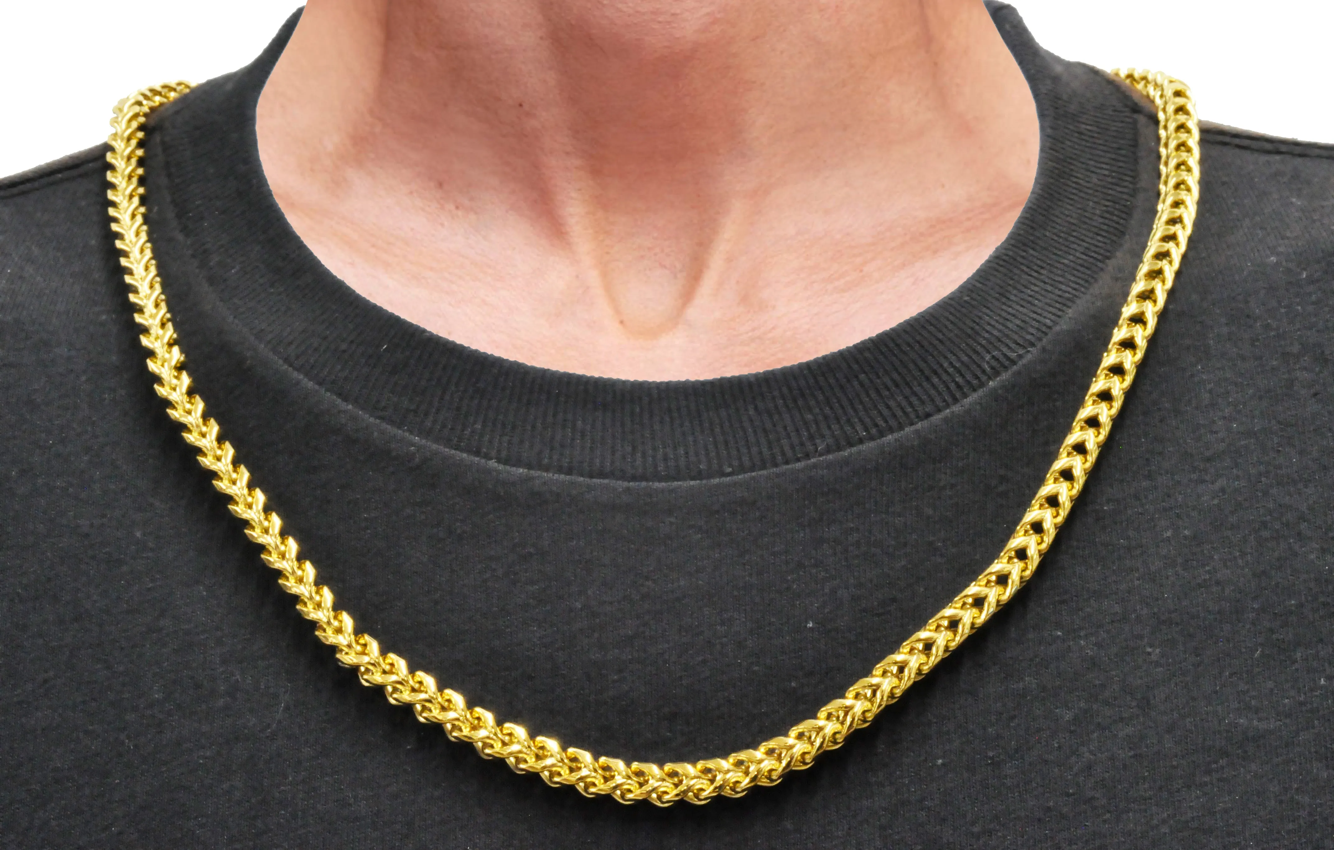Mens Gold Rounded Stainless Steel Franco Link Chain Set