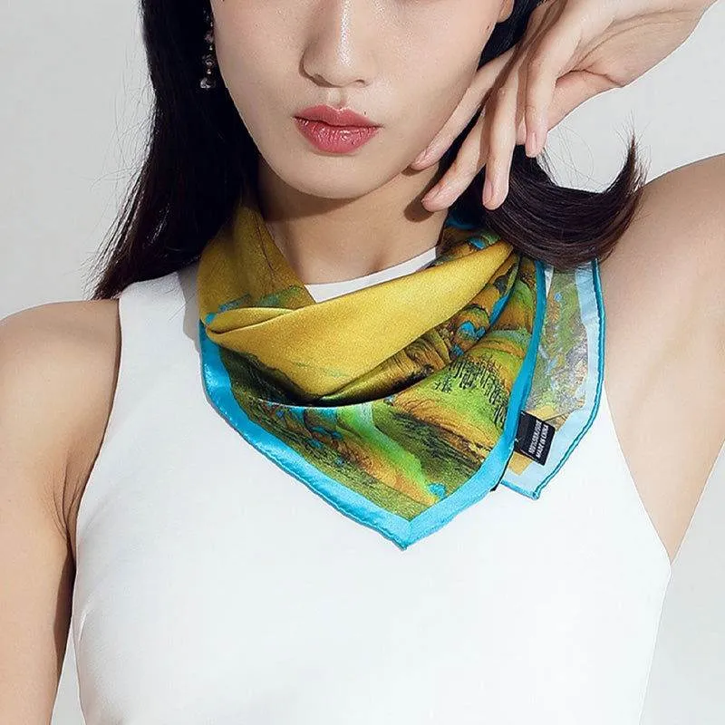 Mulberry Silk 16 Momme Chinese Painting Square Scarf 52x52cm