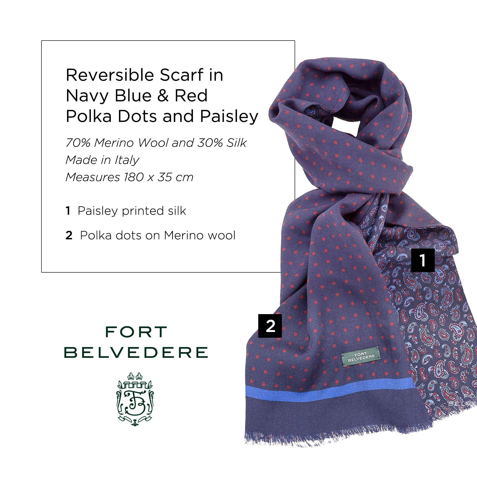 Navy Blue Polka Dots & Paisley Reversible Scarf