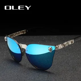 Oley Luxury Brand Women Gothic Mirror Sunglasses Skull Frame Metal Temple Y7001