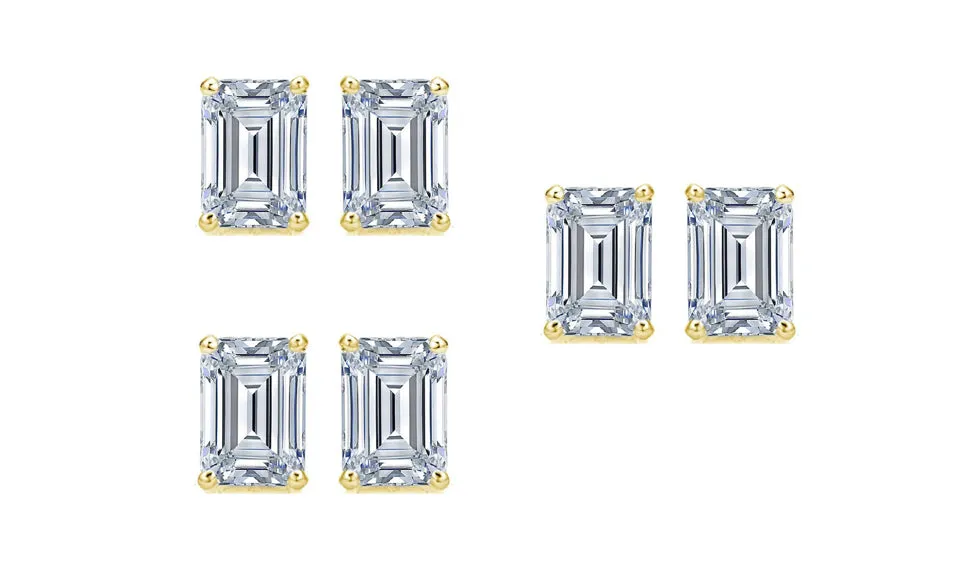 Paris jewelry 14k Yellow Gold 6mm 2Ct Emerald Cut White Sapphire Set Of Three Stud Earrings Plated