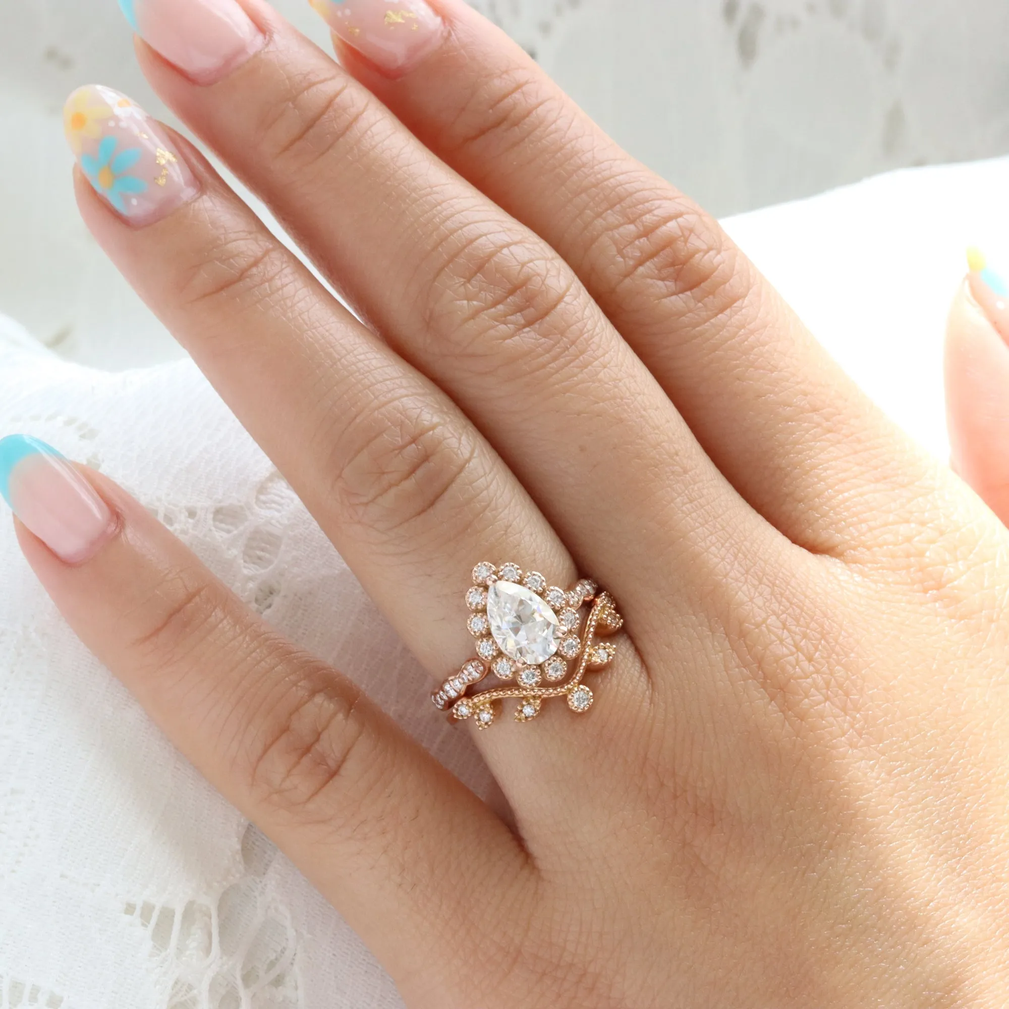 Pear Moissanite Diamond Ring Set w/ Leaf Wedding Band in Vintage Luna Halo