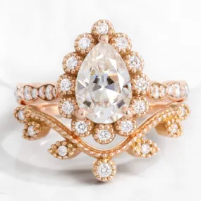 Pear Moissanite Diamond Ring Set w/ Leaf Wedding Band in Vintage Luna Halo