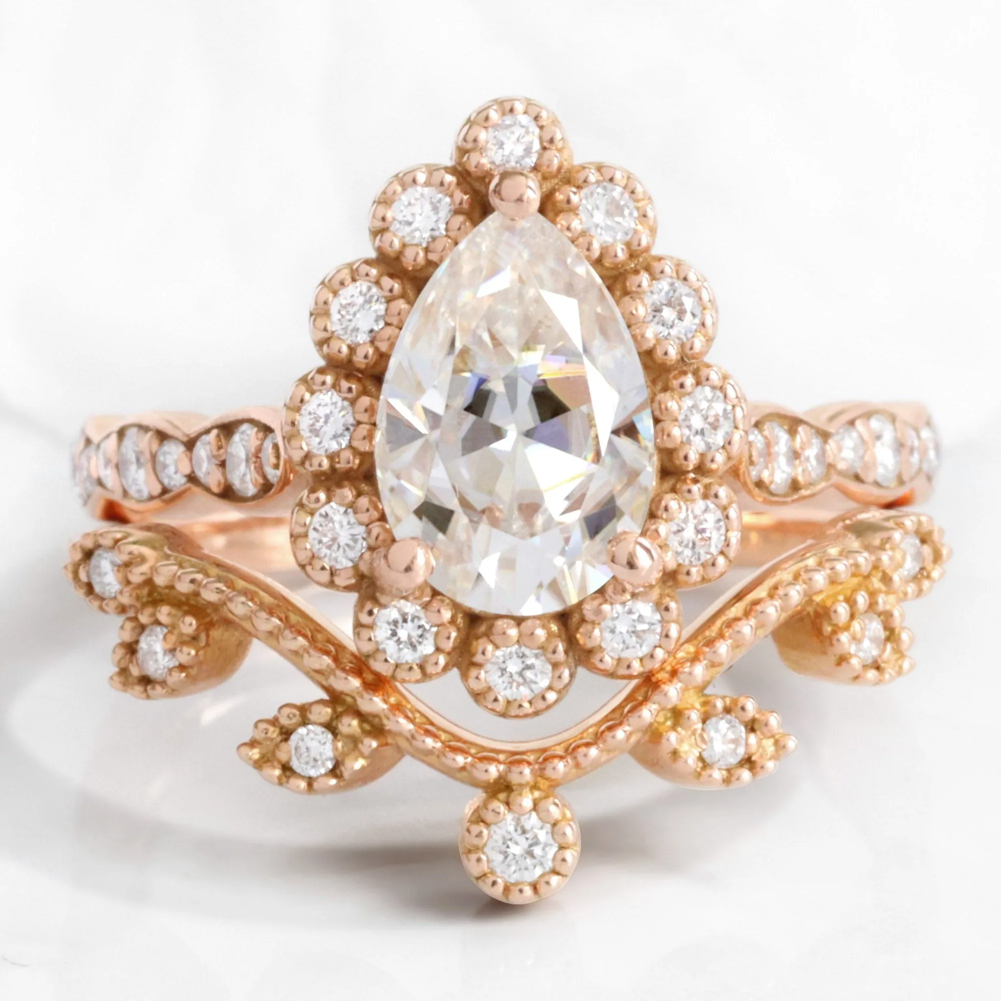 Pear Moissanite Diamond Ring Set w/ Leaf Wedding Band in Vintage Luna Halo