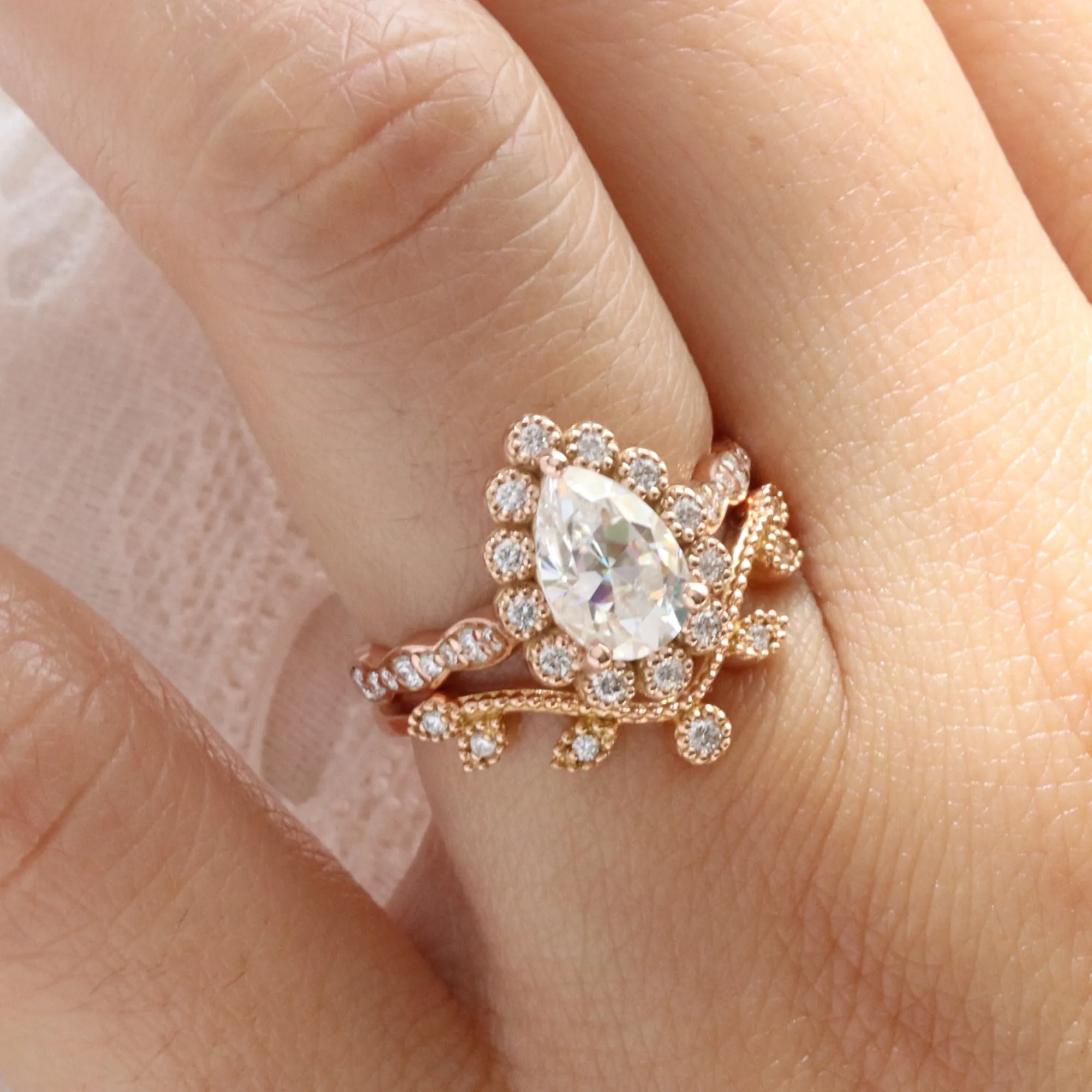 Pear Moissanite Diamond Ring Set w/ Leaf Wedding Band in Vintage Luna Halo