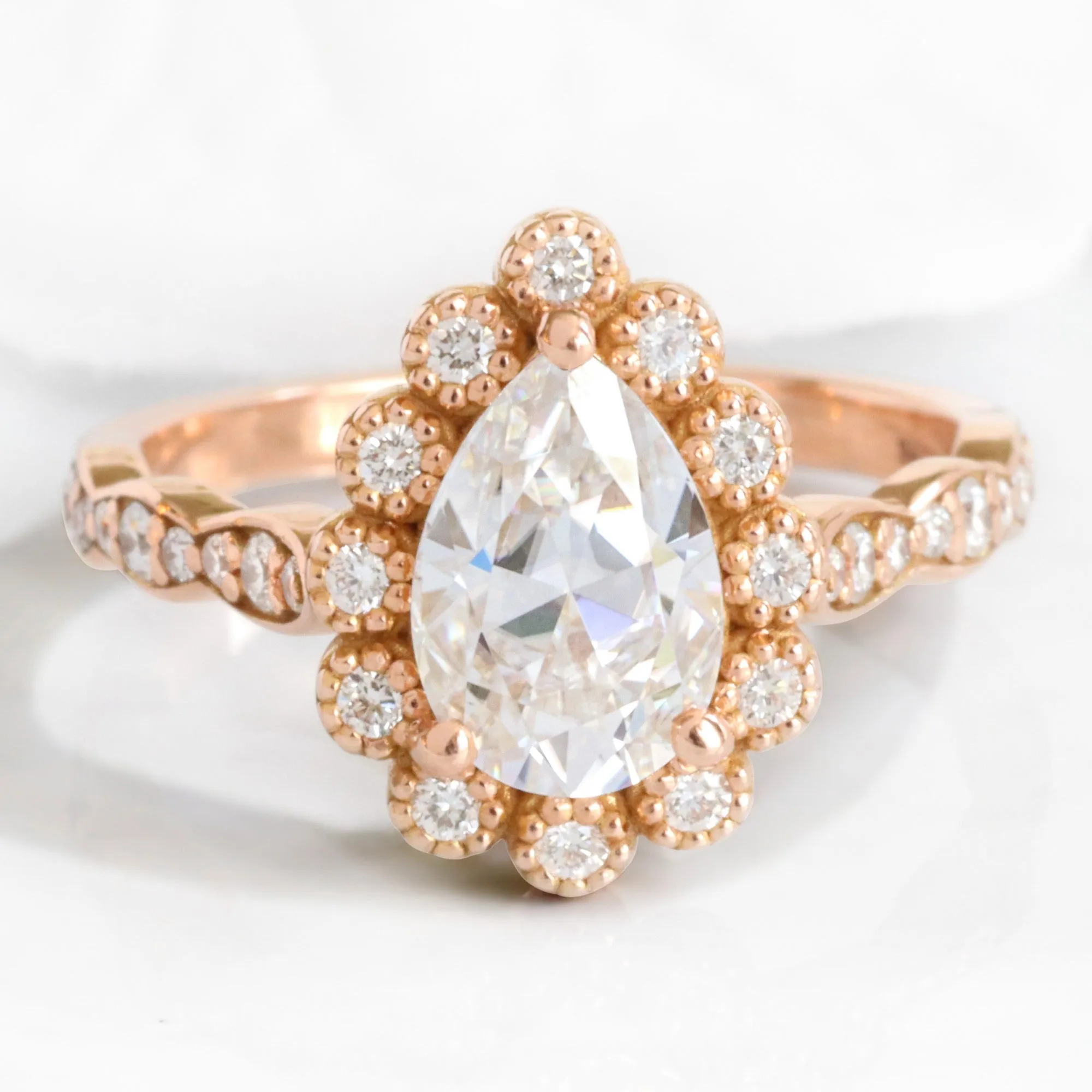 Pear Moissanite Diamond Ring Set w/ Leaf Wedding Band in Vintage Luna Halo