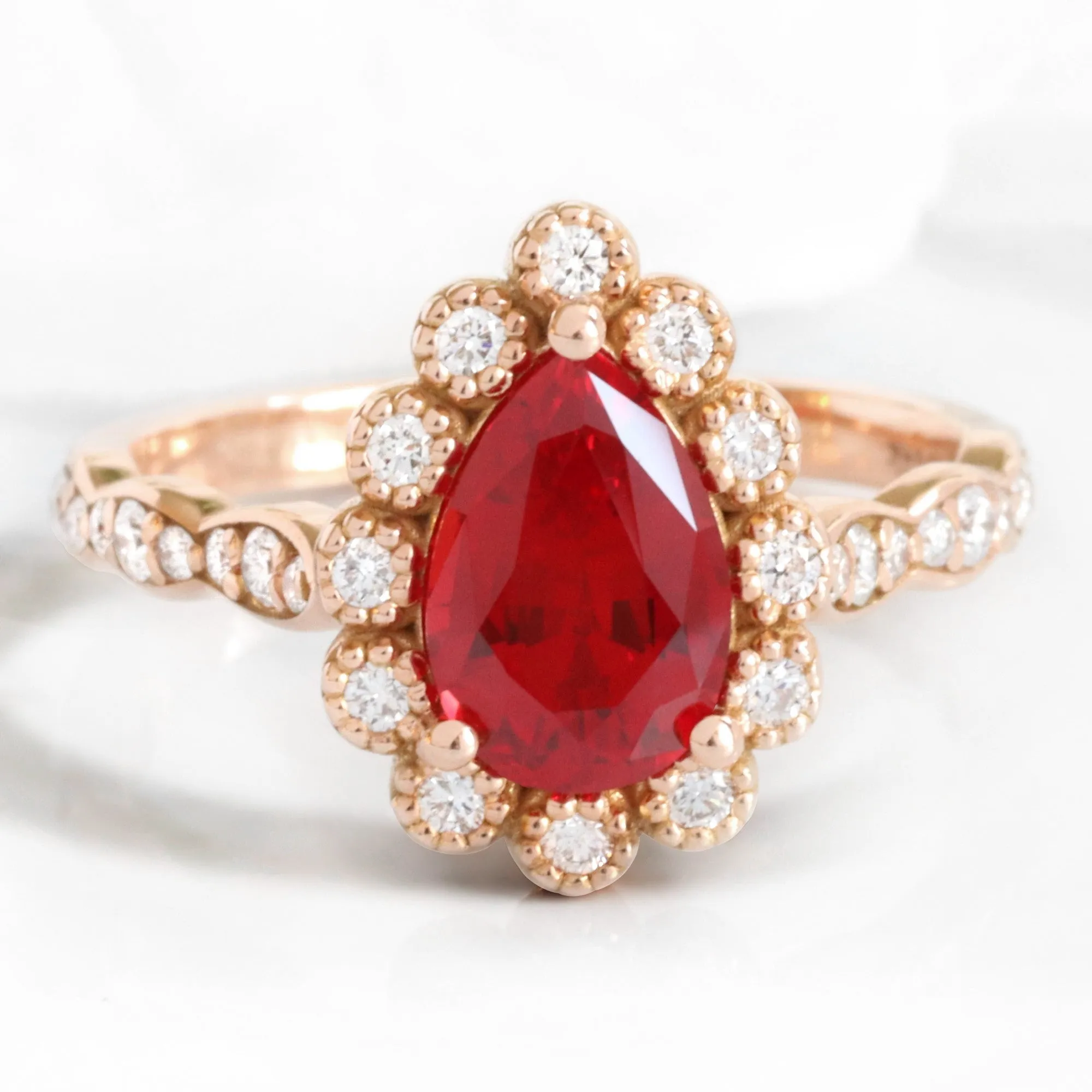 Pear Ruby Diamond Ring Bridal Set w/ Milgrain Wedding Band in Vintage Luna Halo