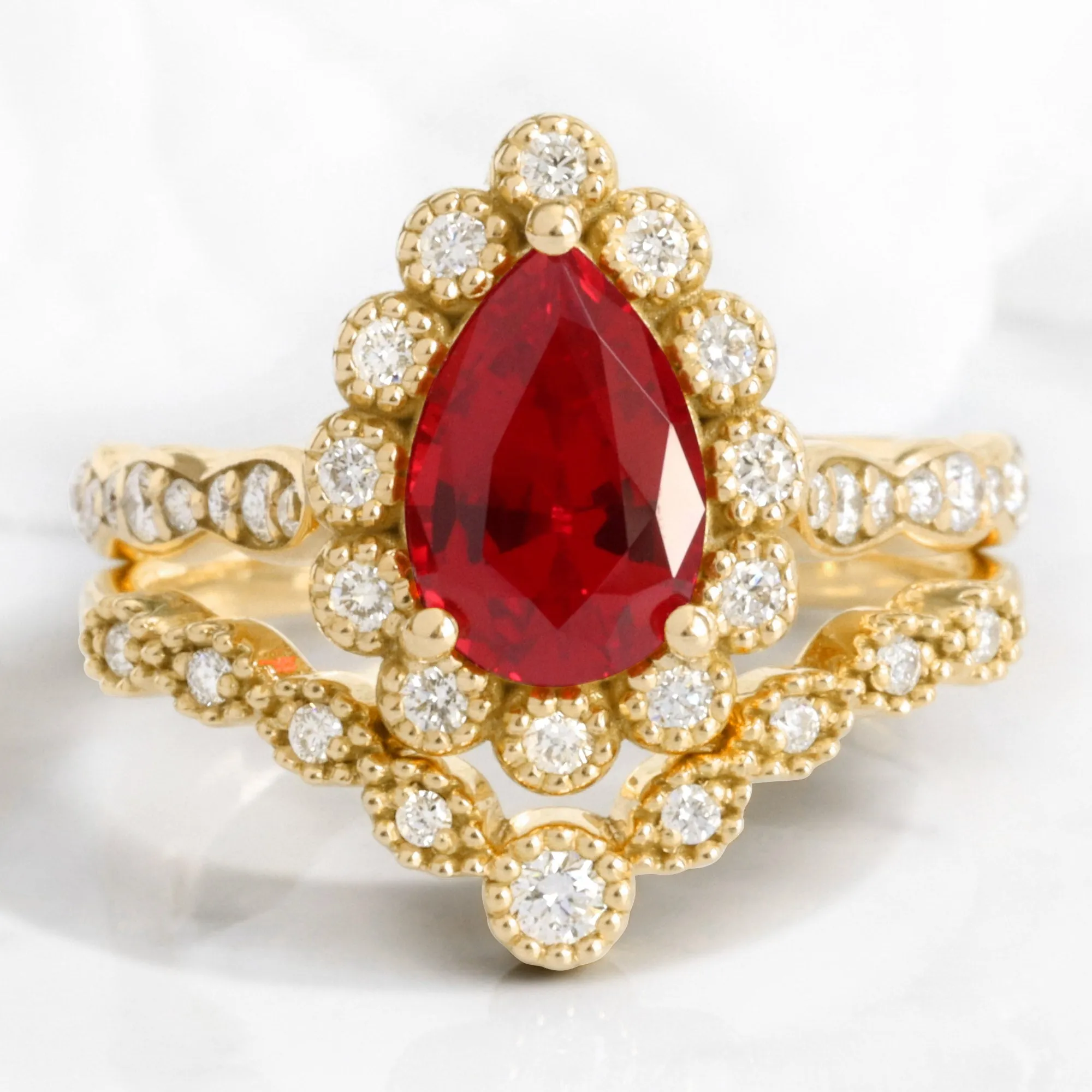 Pear Ruby Diamond Ring Bridal Set w/ Milgrain Wedding Band in Vintage Luna Halo