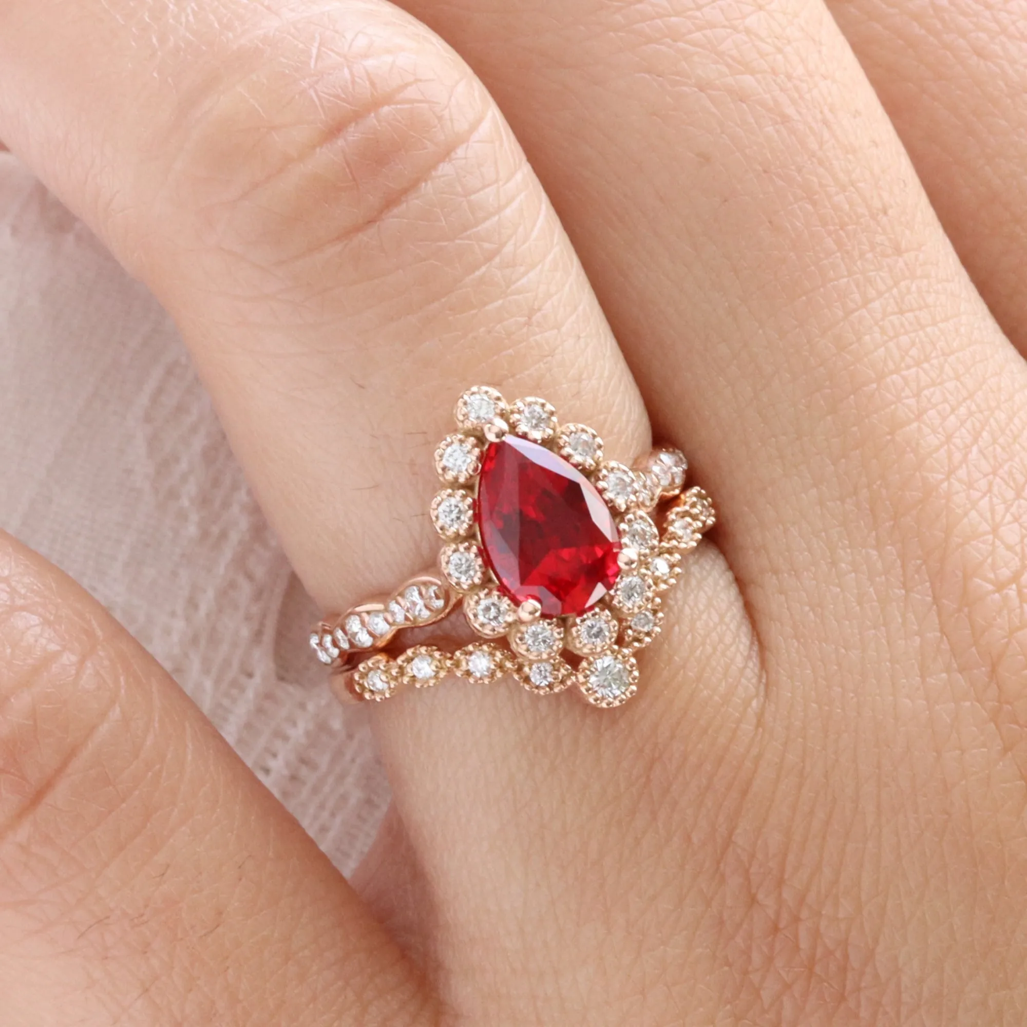 Pear Ruby Diamond Ring Bridal Set w/ Milgrain Wedding Band in Vintage Luna Halo