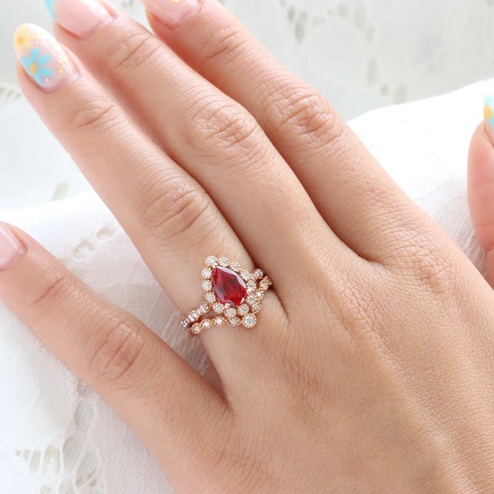 Pear Ruby Diamond Ring Bridal Set w/ Milgrain Wedding Band in Vintage Luna Halo