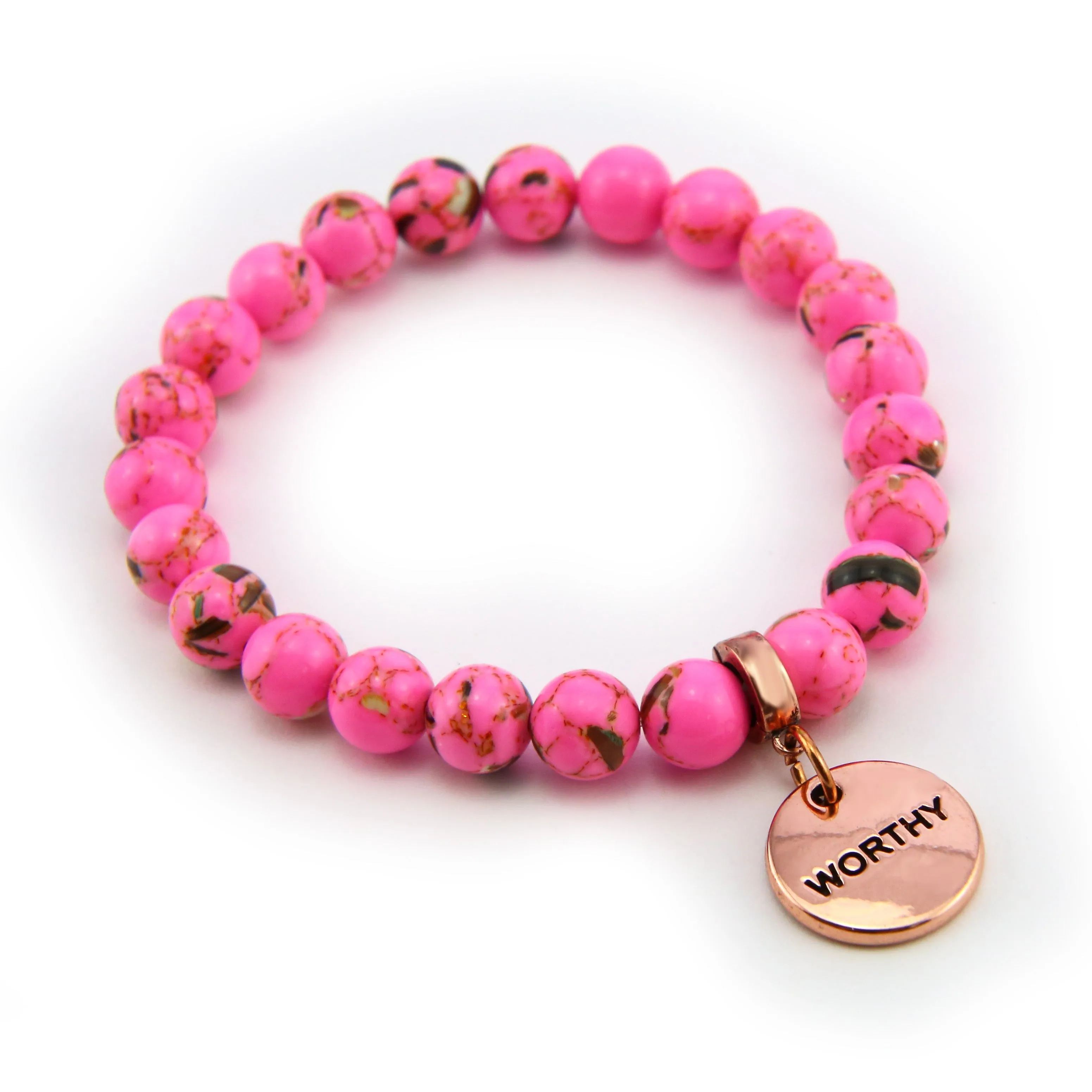 PINK COLLECTION - Hot Pink Synthesis 8mm Bead Bracelet  -  Rose Gold Word Charms