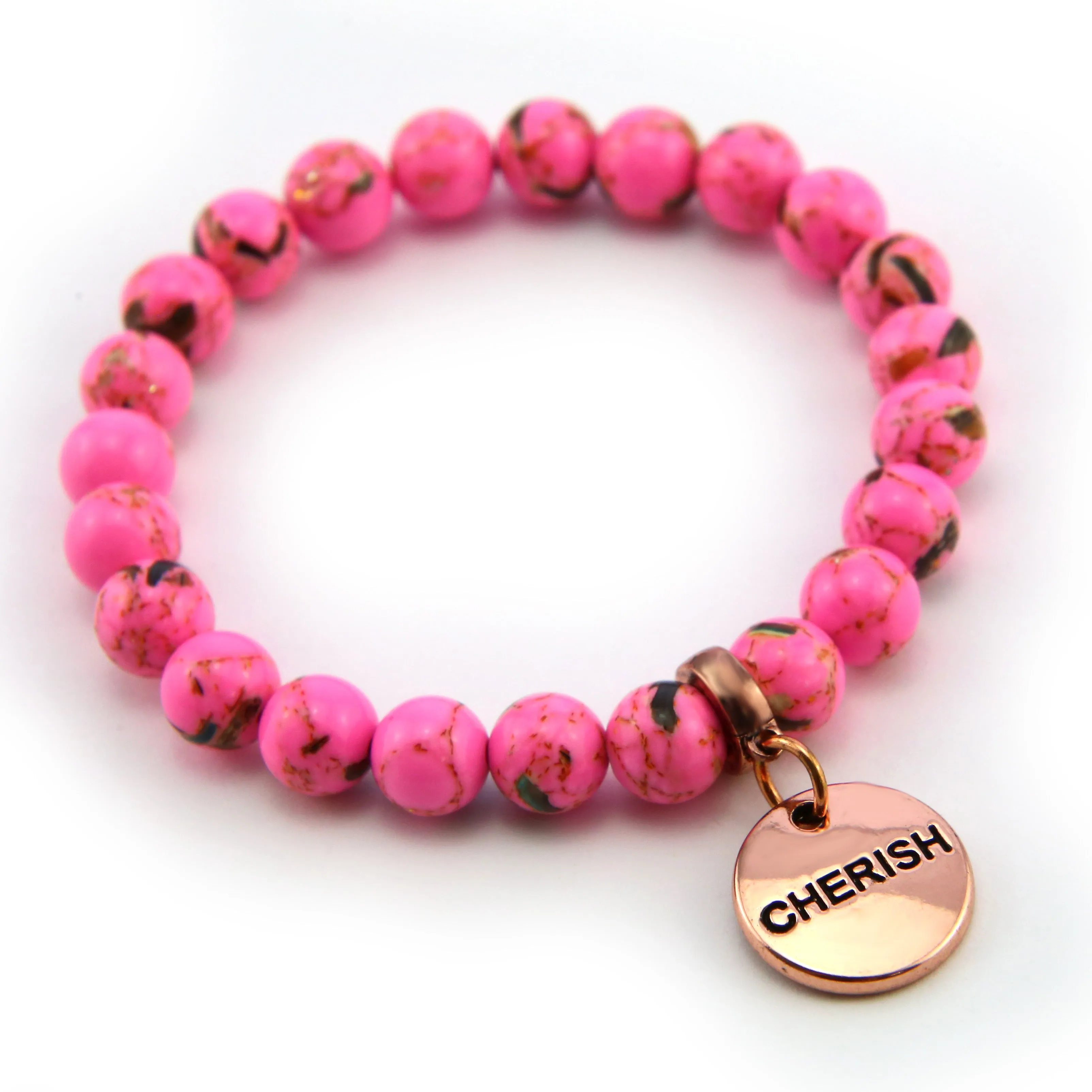 PINK COLLECTION - Hot Pink Synthesis 8mm Bead Bracelet  -  Rose Gold Word Charms