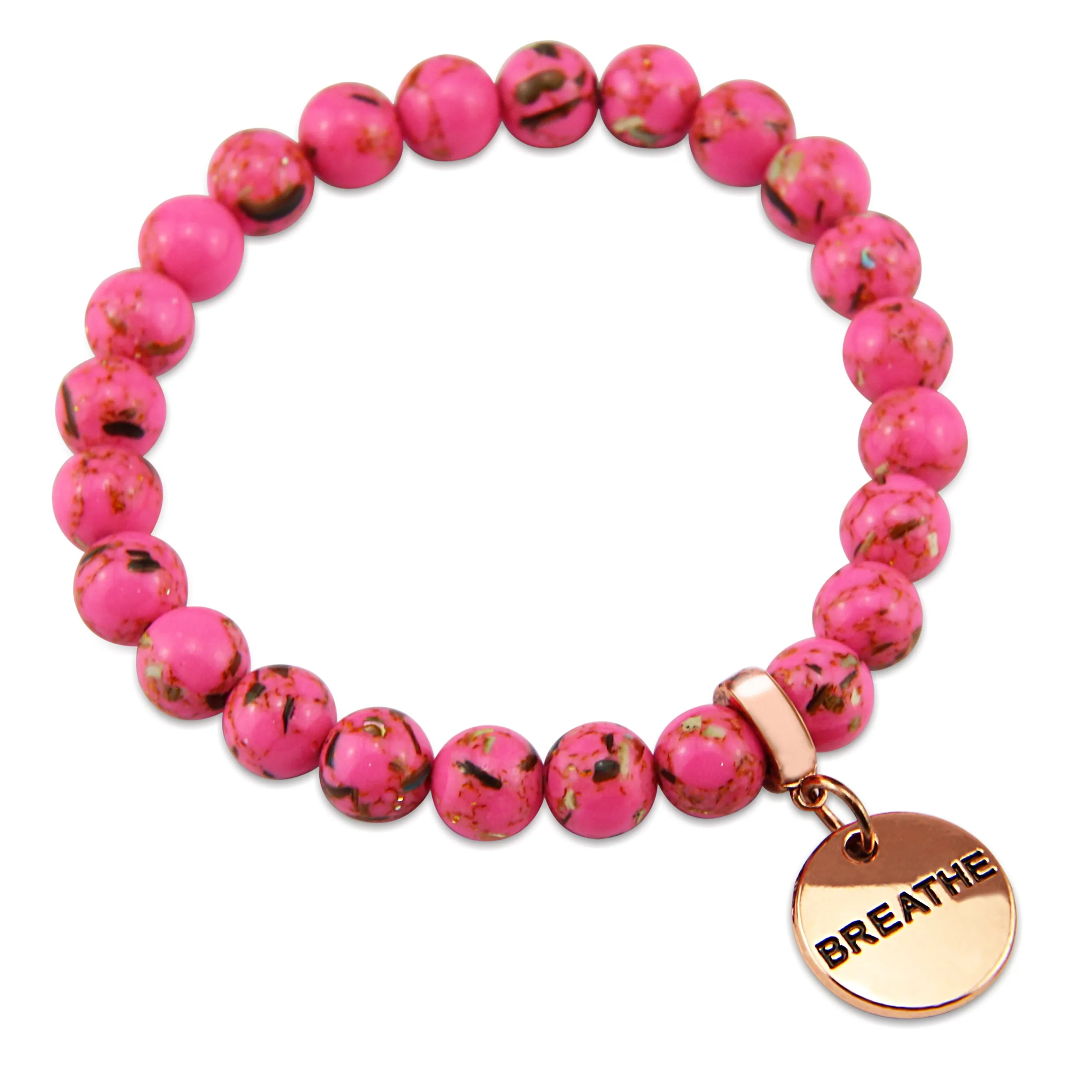 PINK COLLECTION - Hot Pink Synthesis 8mm Bead Bracelet  -  Rose Gold Word Charms