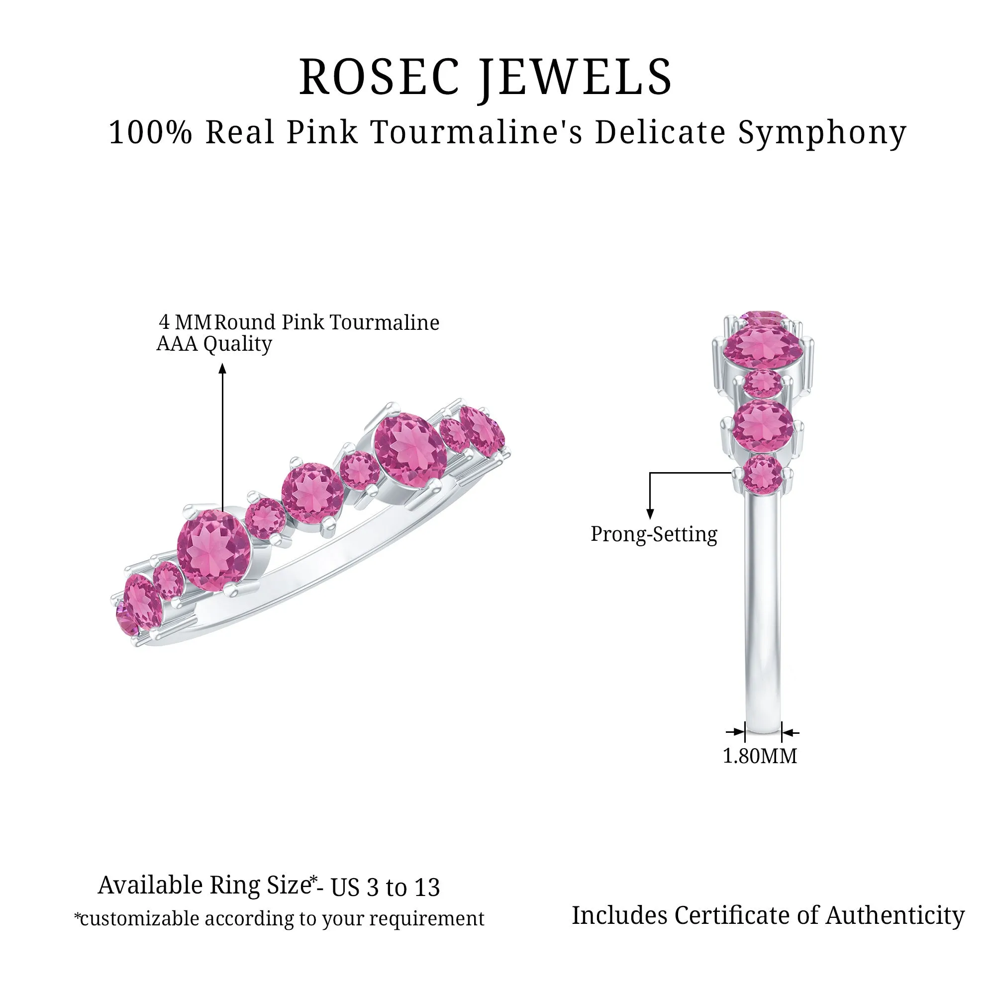 Pink Tourmaline Wedding Half Eternity Band Ring