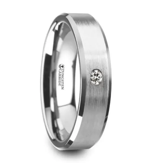 PORTER Brushed Finish Tungsten Ring with White Diamond Setting and Beveled Edges