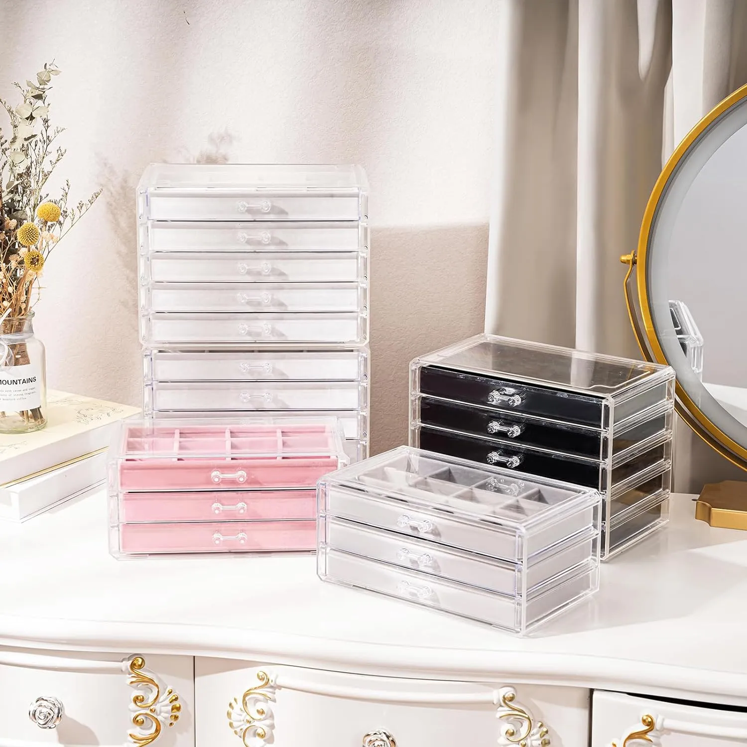 ProCase Earring Holder Organizer Jewelry Box with 5 Drawers, Acrylic Clear Earring Case with Adjustable Velvet Trays for Women