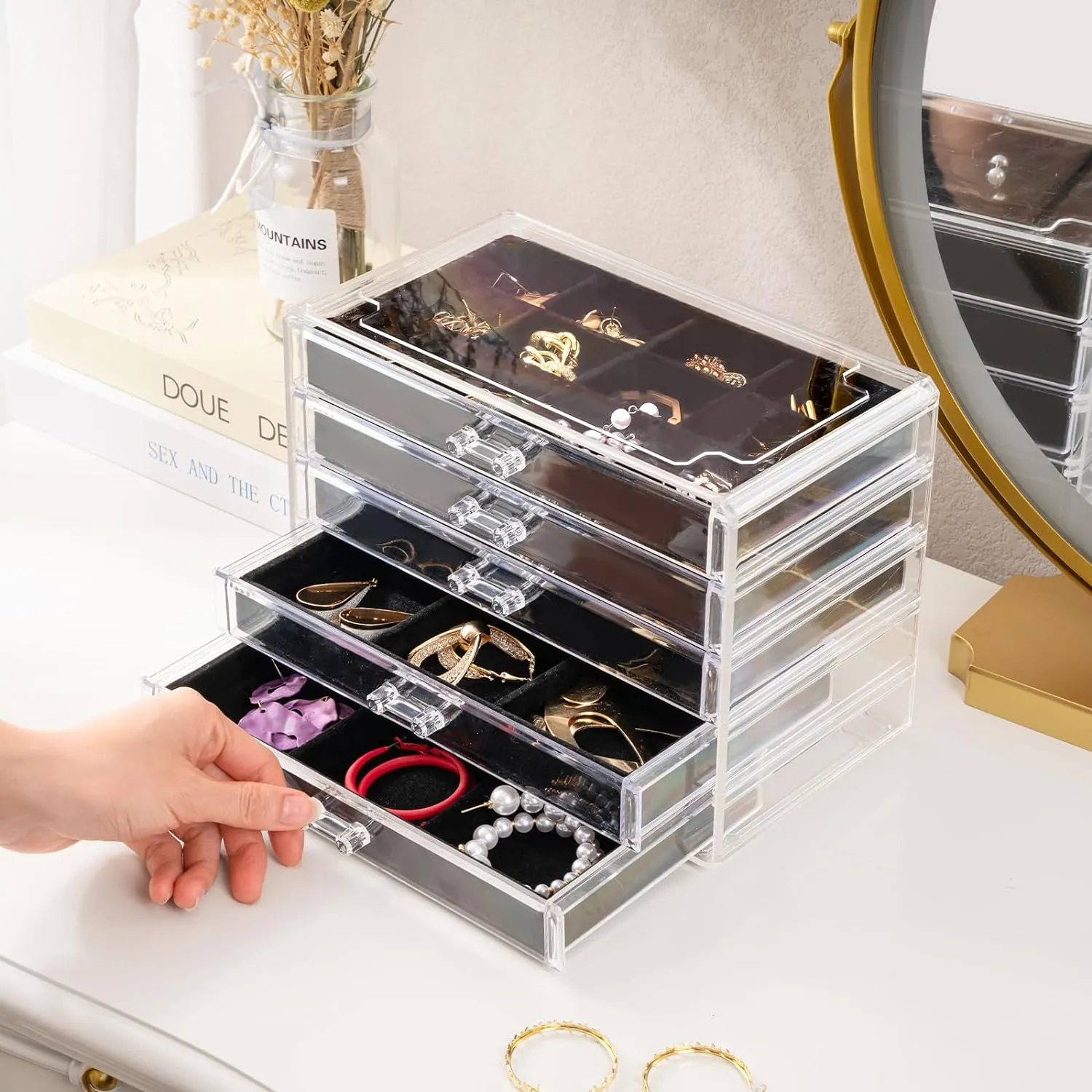 ProCase Earring Holder Organizer Jewelry Box with 5 Drawers, Acrylic Clear Earring Case with Adjustable Velvet Trays for Women