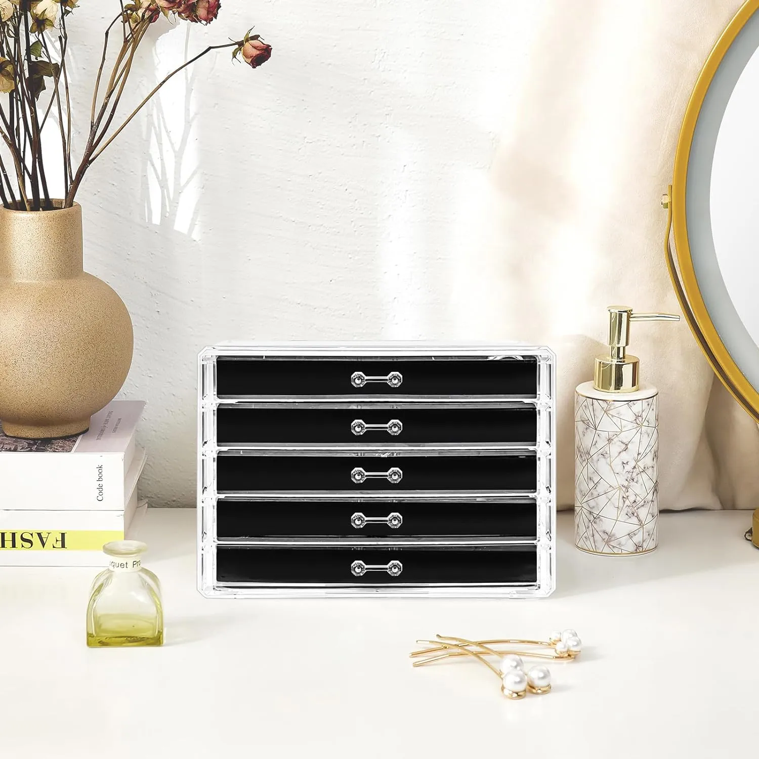 ProCase Earring Holder Organizer Jewelry Box with 5 Drawers, Acrylic Clear Earring Case with Adjustable Velvet Trays for Women