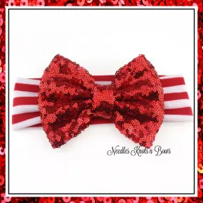 Red White Striped Sequin Red Bow Headband