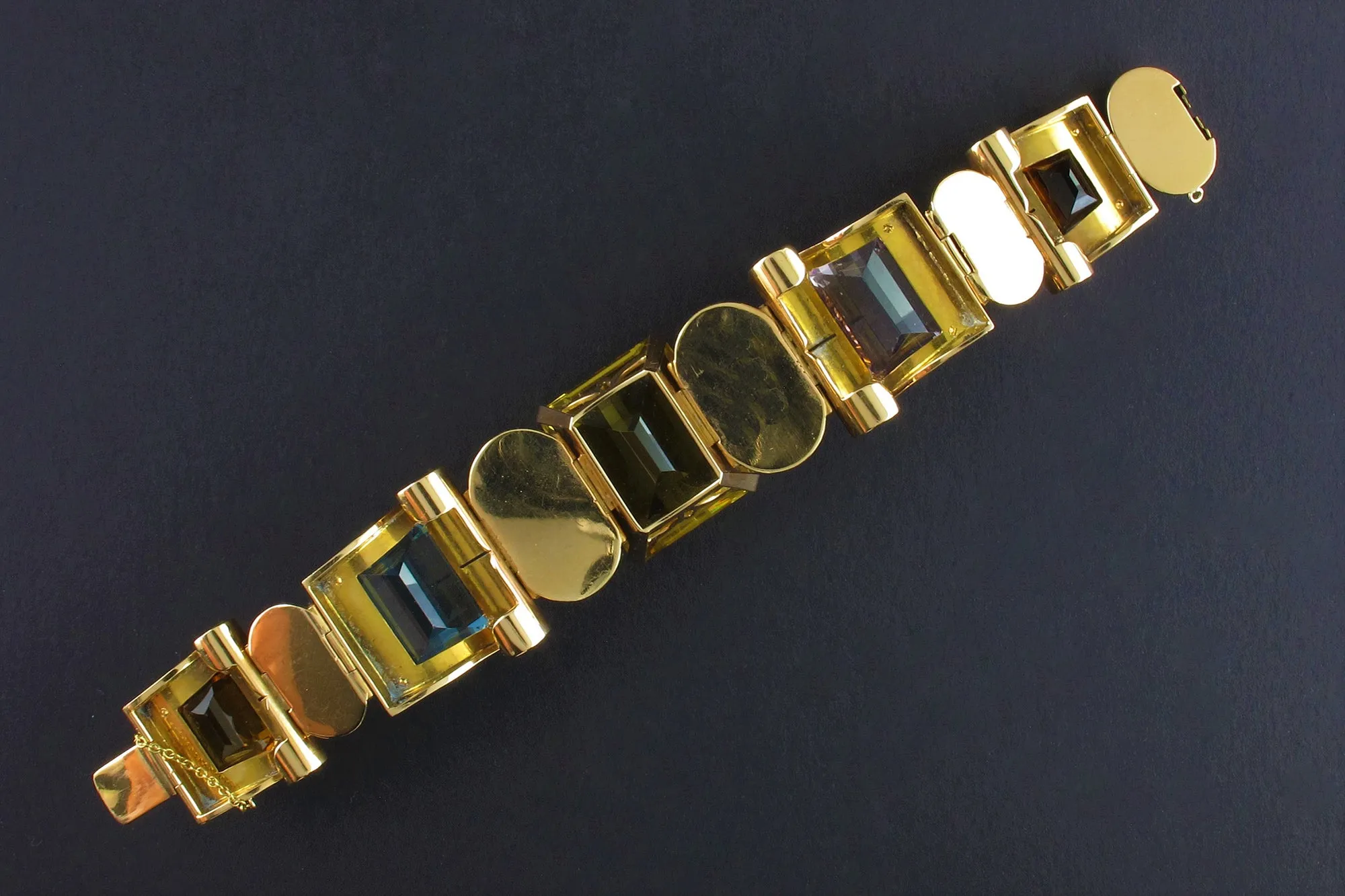Retro gold, citrine, morganite and aquamarine bracelet, 1940 c.a.